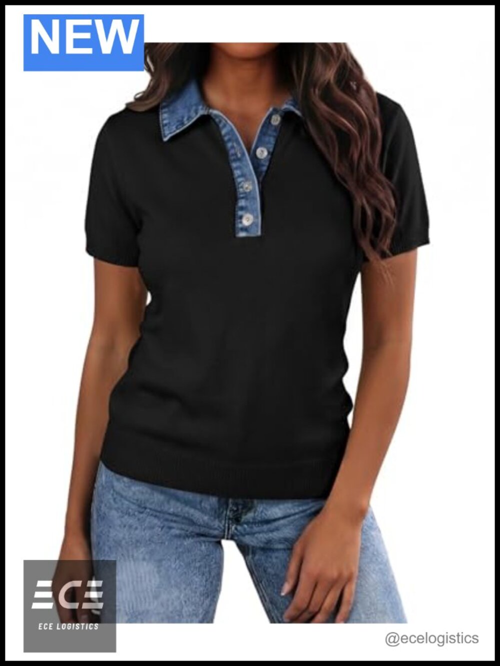 LALAGEN Women's Short Sleeve Knit Denim Patchwork Polo Collar Sweater T Shirt